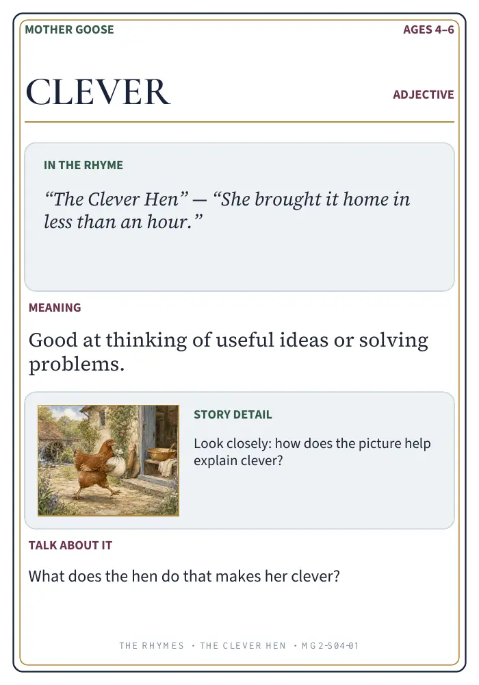 Back of the Clever Mother Goose vocabulary card